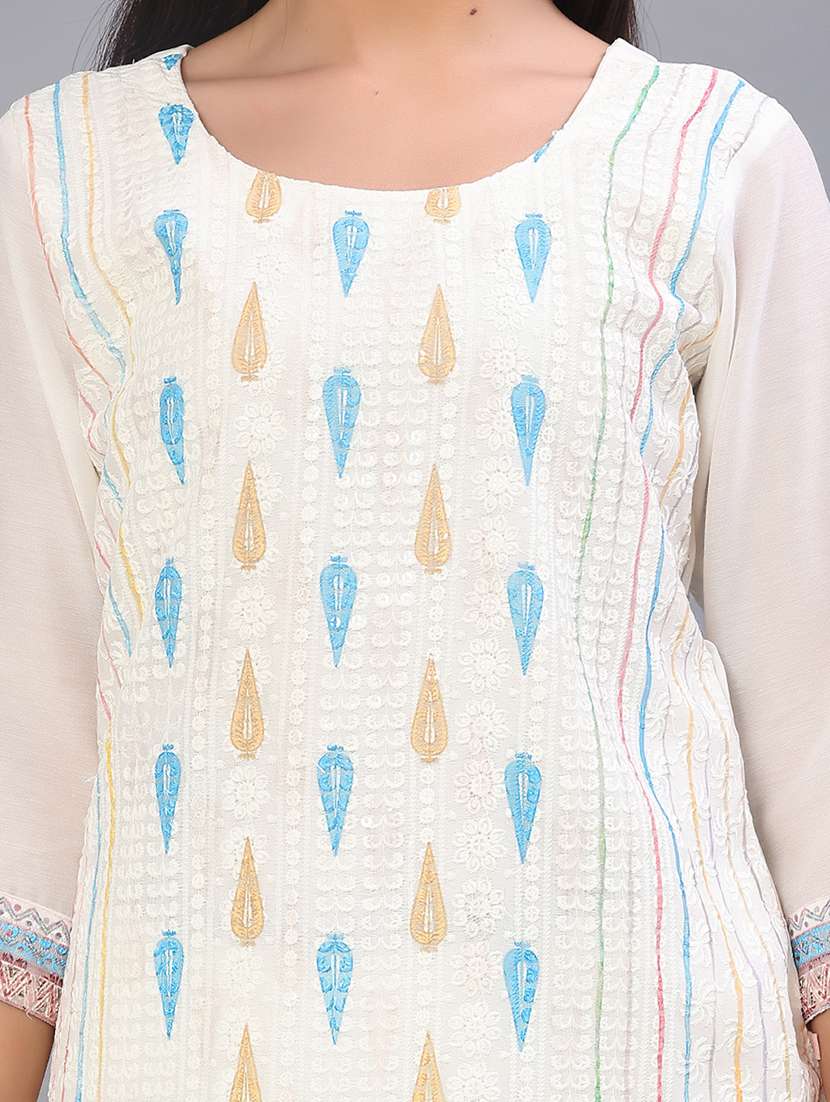 women solid with work three quarter sleeve straight kurta - 22035901 -  Standard Image - 5