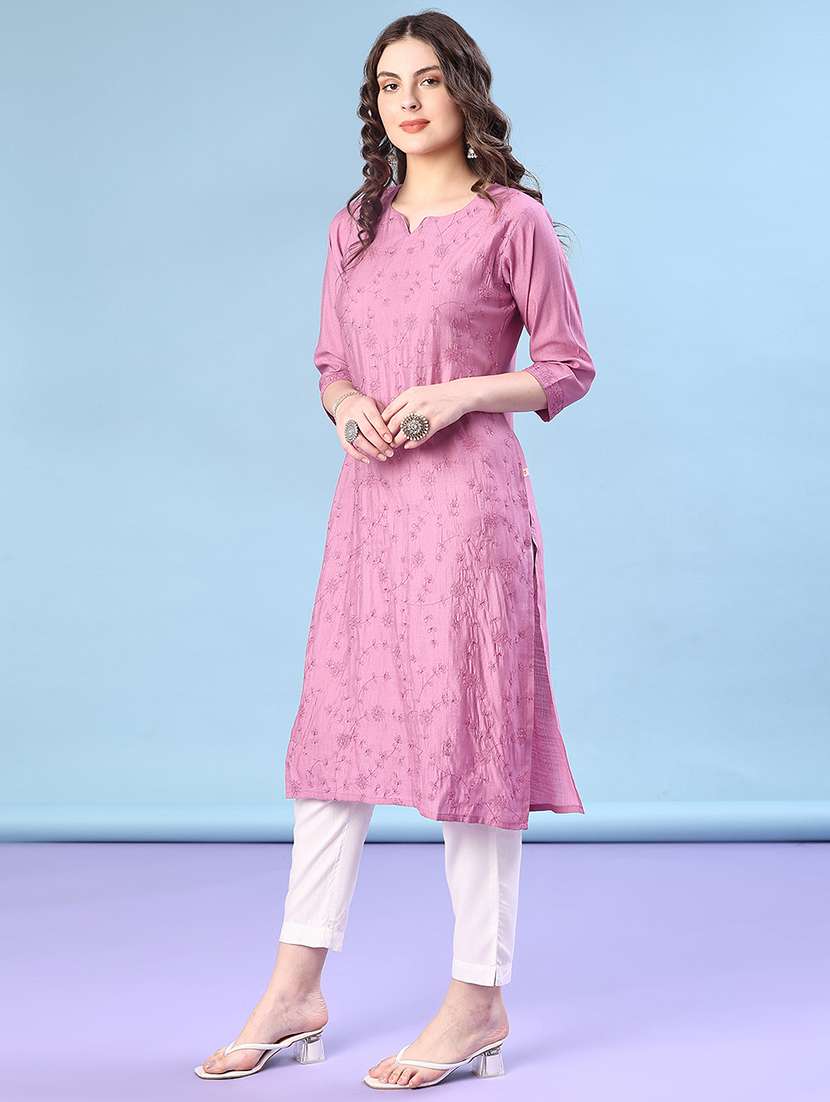 women solid with work three quarter sleeve straight kurta - 22036020 -  Standard Image - 3