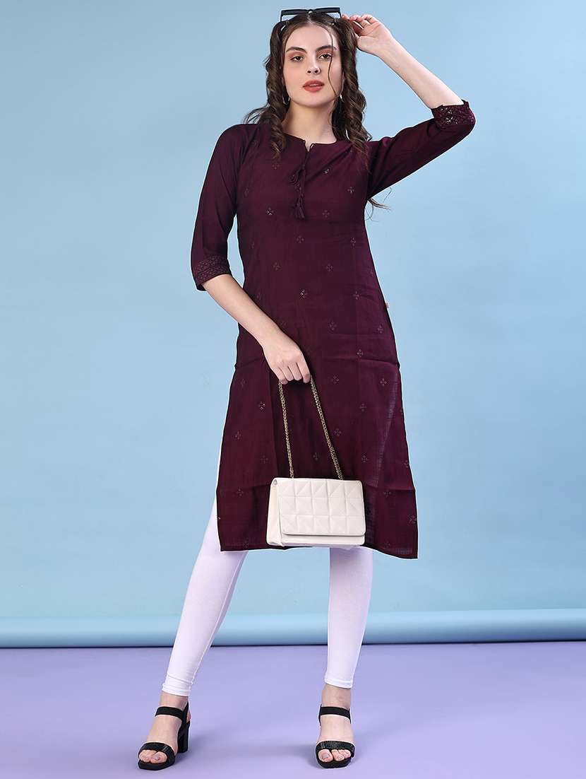 women solid with work three quarter sleeve straight kurta