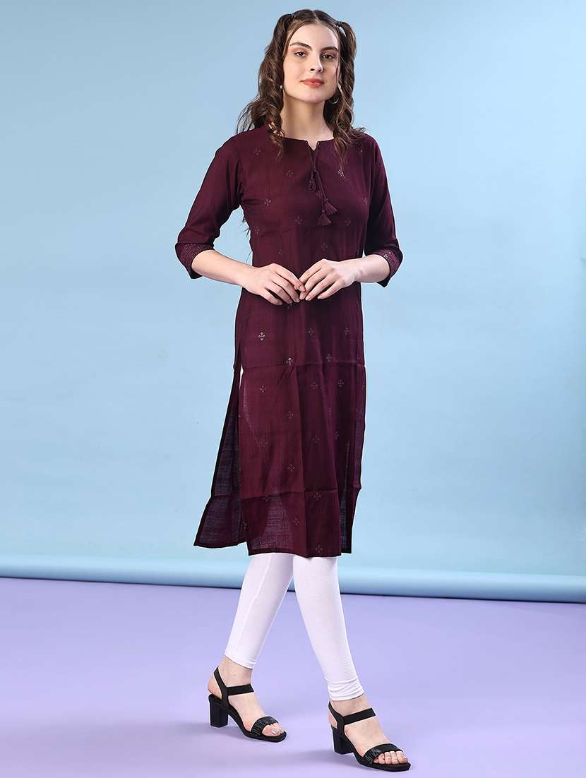 women solid with work three quarter sleeve straight kurta - 22036021 -  Standard Image - 3