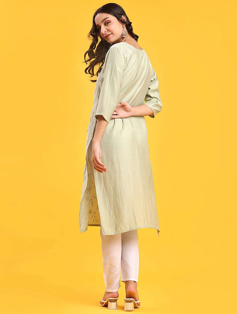 women solid with work three quarter sleeve straight kurta - 22036022 -  Standard Image - 3
