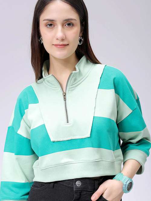 women striped stand collar cropped sweatshirt - 22036503 - Standard Image - 0