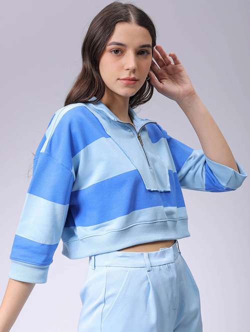 women striped stand collar cropped sweatshirt - 22036504 - Standard Image - 0