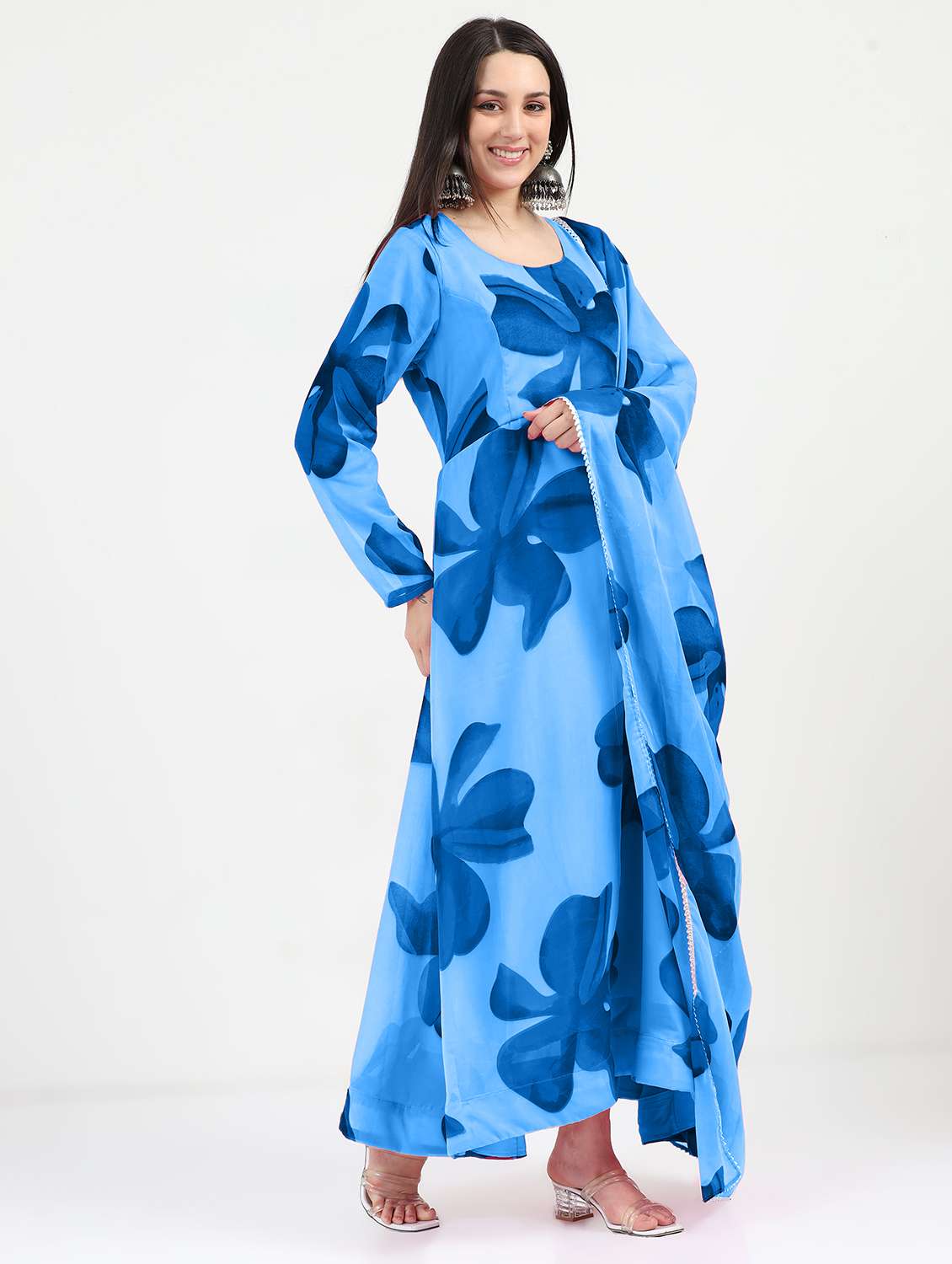 women floral printed long sleeve kurta dupatta set