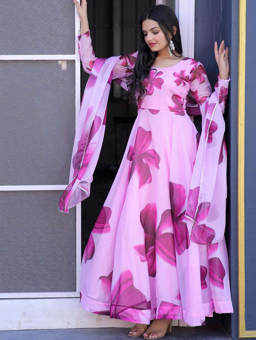 women floral print long sleeve anarkali kurta and dupatta set