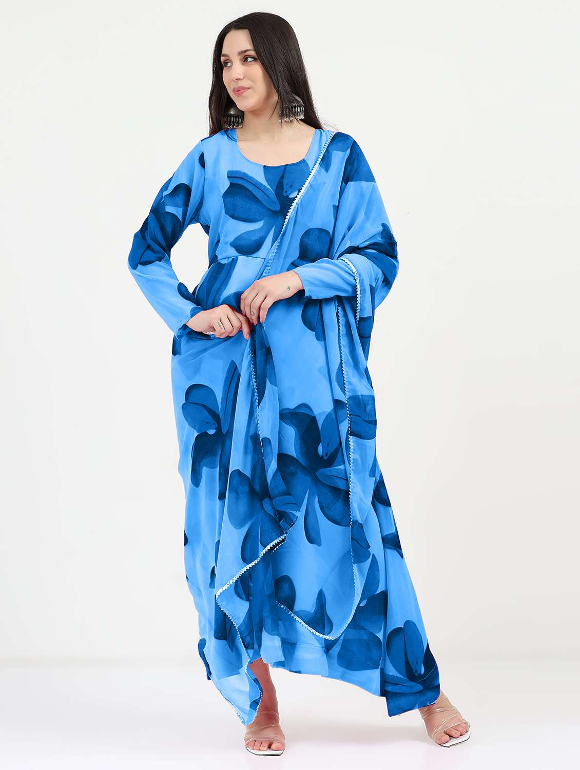 women floral print long sleeve anarkali kurta and dupatta set