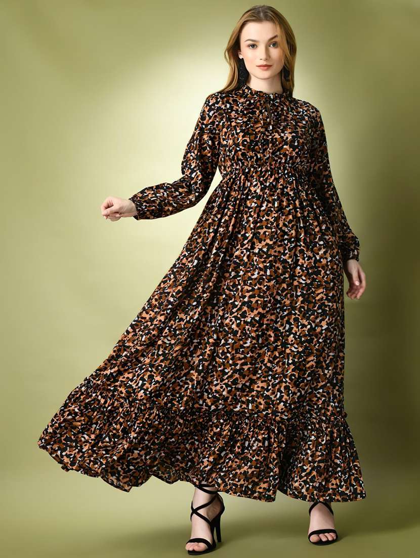 women animal print long sleeve tiered dress