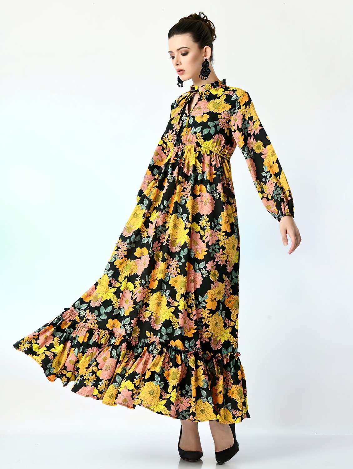 women floral printed long sleeve tiered maxi dress
