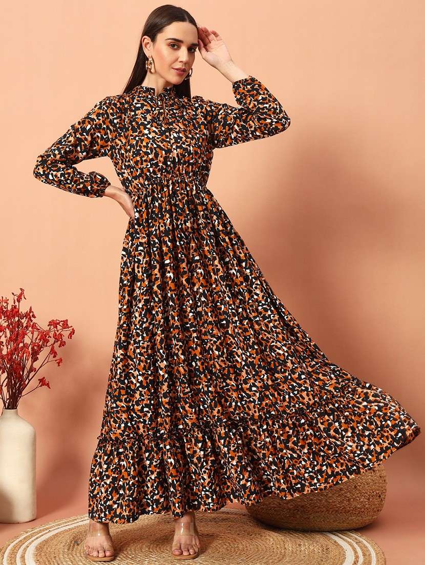 women animal printed long sleeve tiered maxi dress