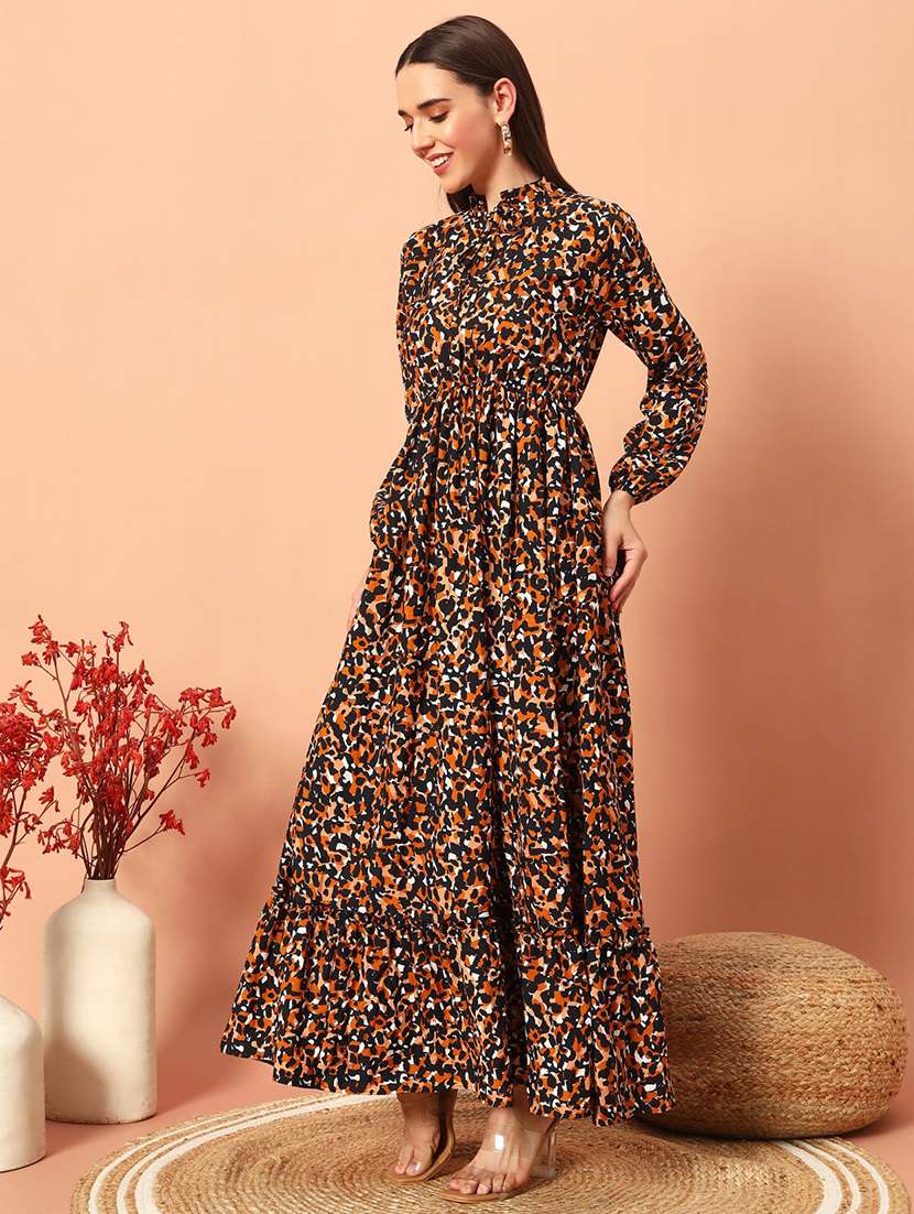 women animal printed long sleeve tiered maxi dress