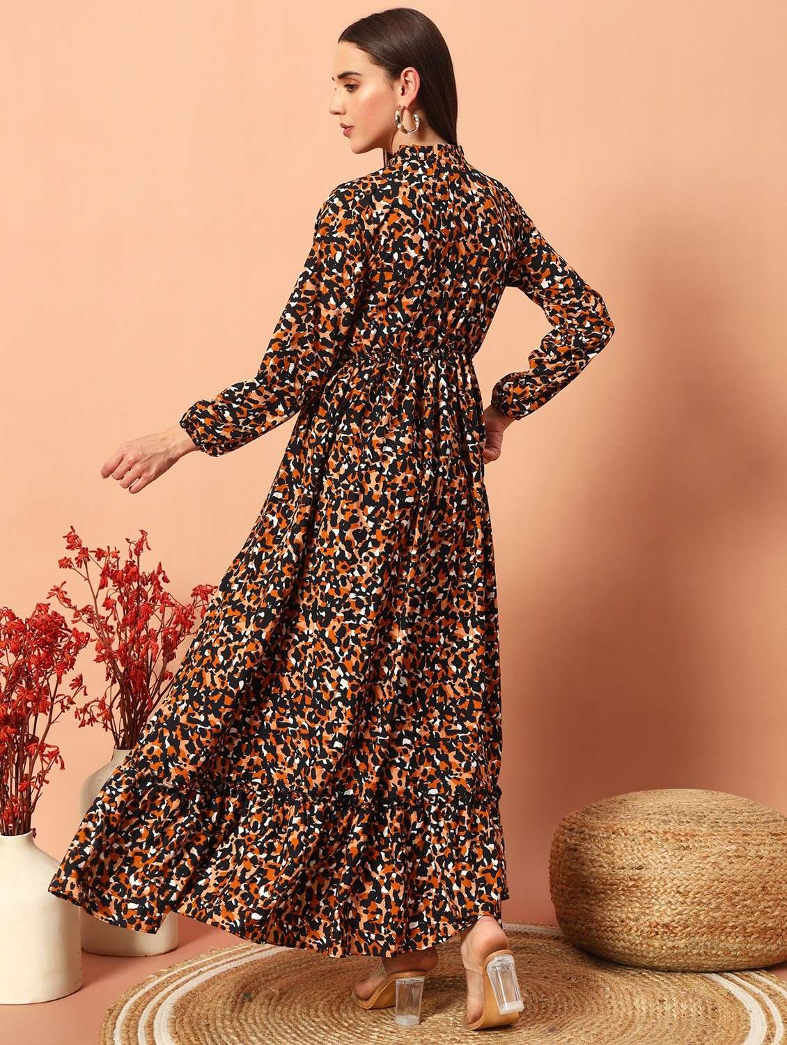 women animal printed long sleeve tiered maxi dress - 22036733 -  Standard Image - 3
