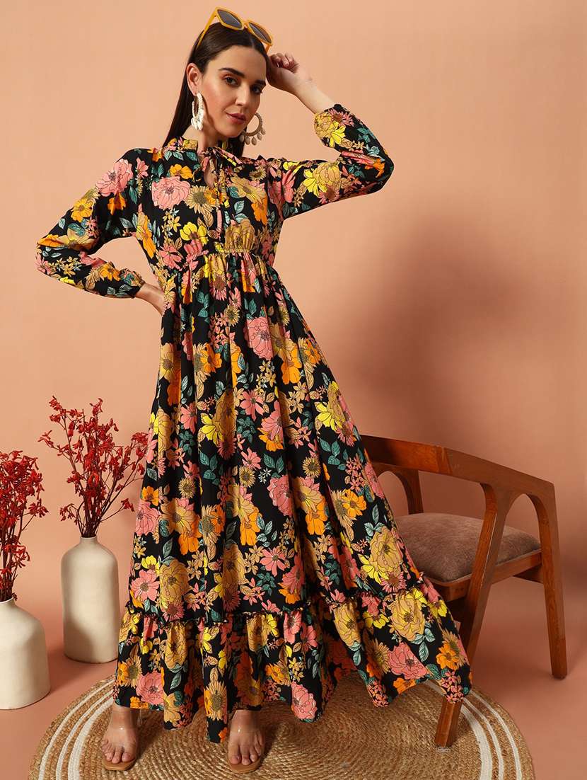 women floral printed long sleeve tiered maxi dress