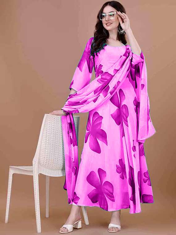 women floral printed long sleeve kurta dupatta set