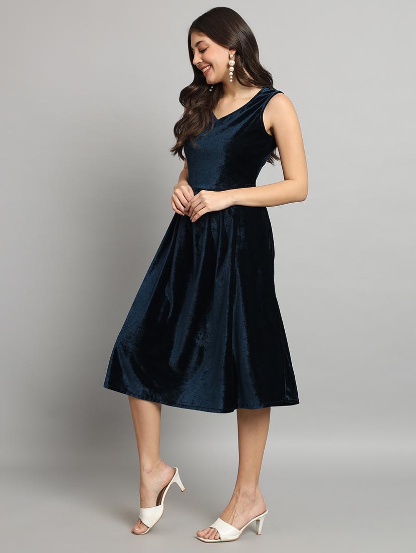 women solid sleeveless velvet fit & flare dress - 22036911 - Standard Image - 3