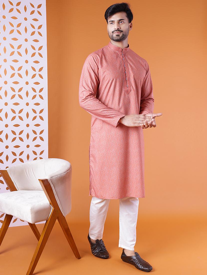 men solid long sleeve kurta and pyjama set