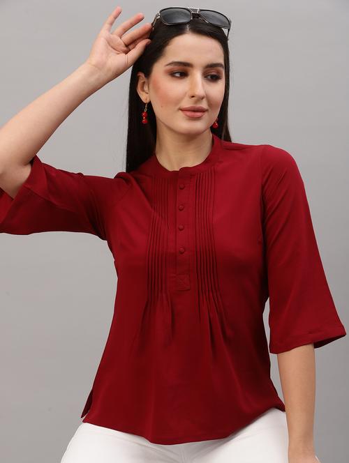 women maroon solid mandarin neck regular top - 22036964 - Standard Image - 0