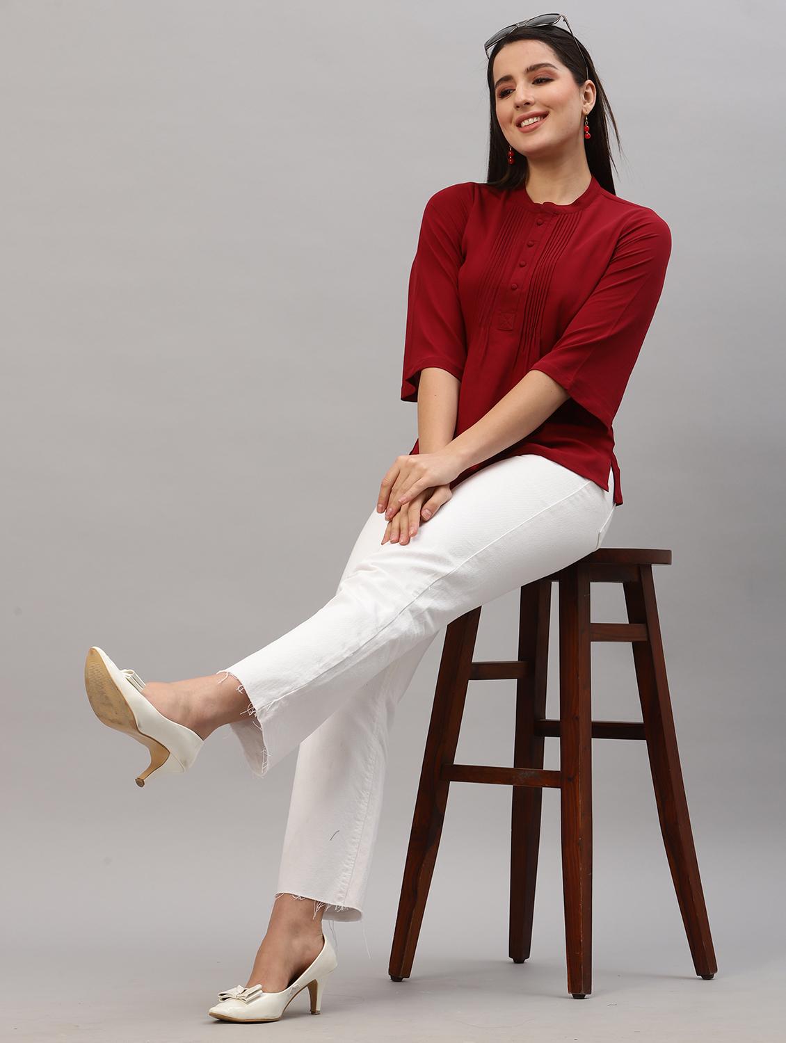 women maroon solid mandarin neck regular top - 22036964 - Standard Image - 5