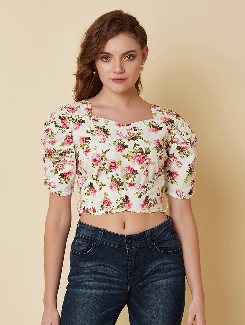 women floral print puff sleeve crop top - 22036965 - Zoom Image - 0