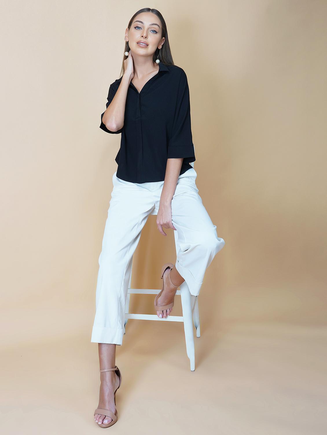 women black solid bell sleeve collared regular top - 22036966 - Standard Image - 5
