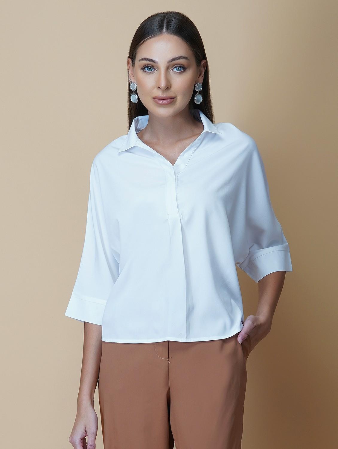 women solid collared bell sleeve shirt style top