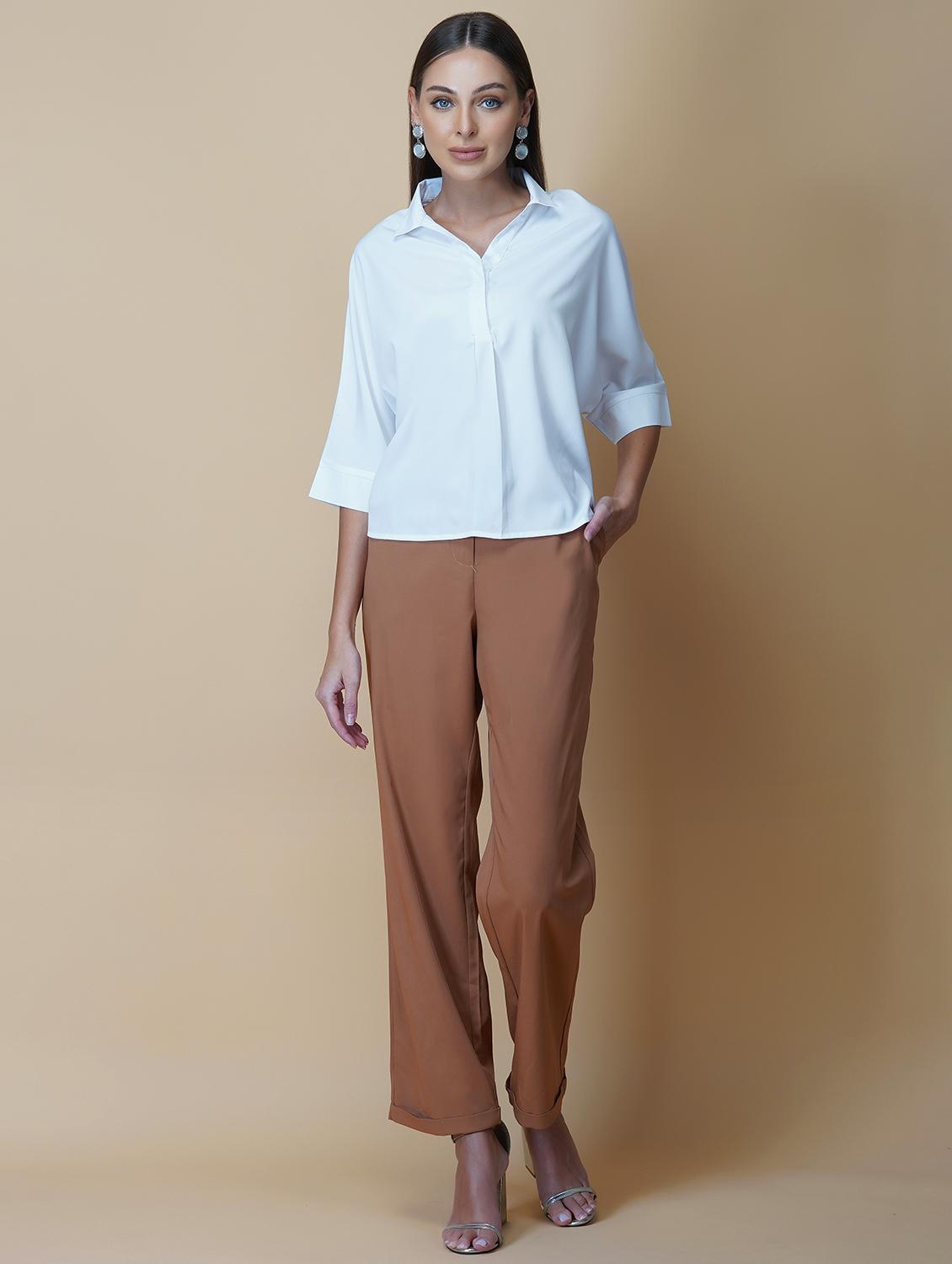 women solid collared bell sleeve shirt style top - 22036967 - Standard Image - 3