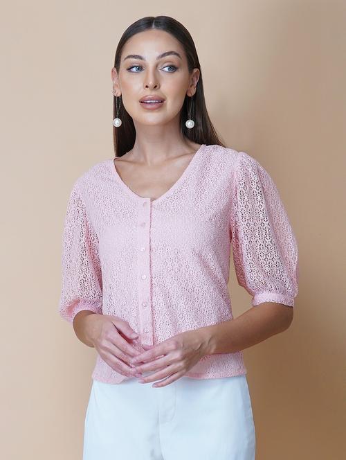 women pink solid puff sleeve laced regular top - 22036968 -  Standard Image - 0