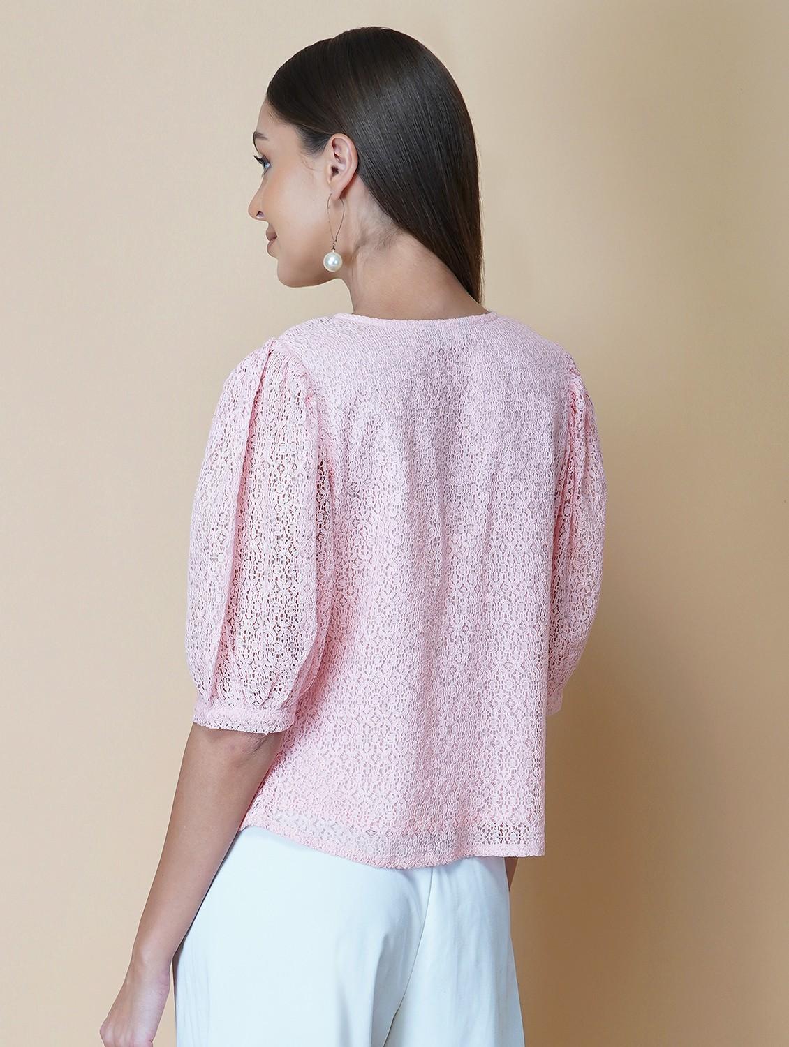 women pink solid puff sleeve laced regular top - 22036968 - Standard Image - 3