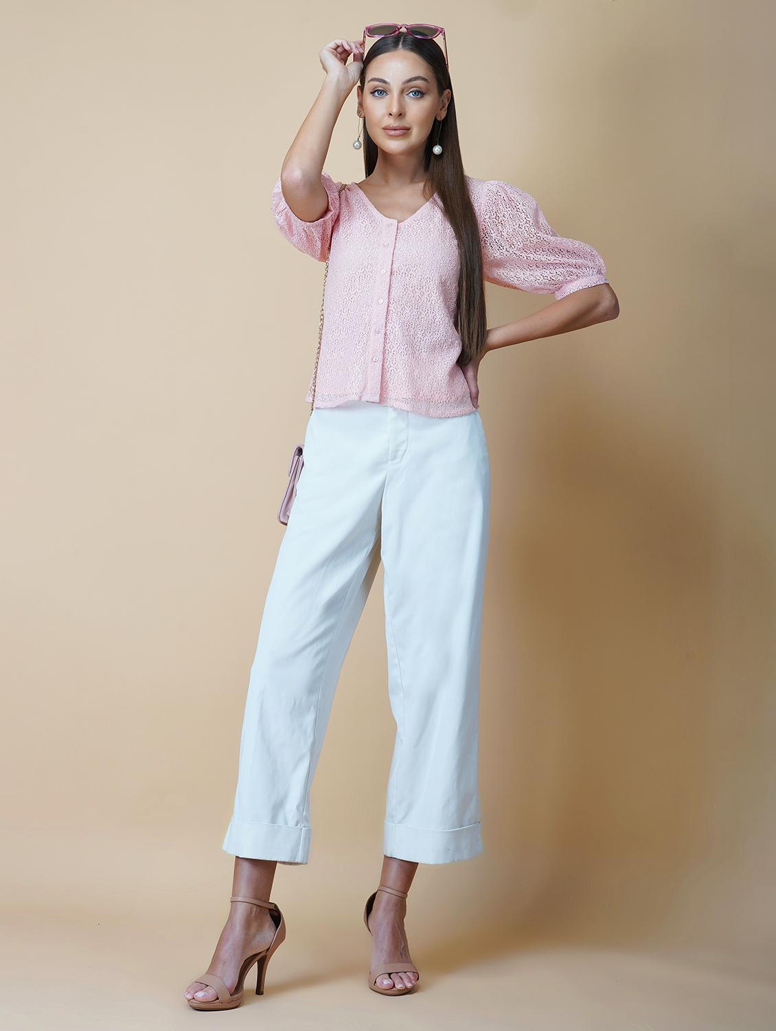 women pink solid puff sleeve laced regular top - 22036968 - Standard Image - 5
