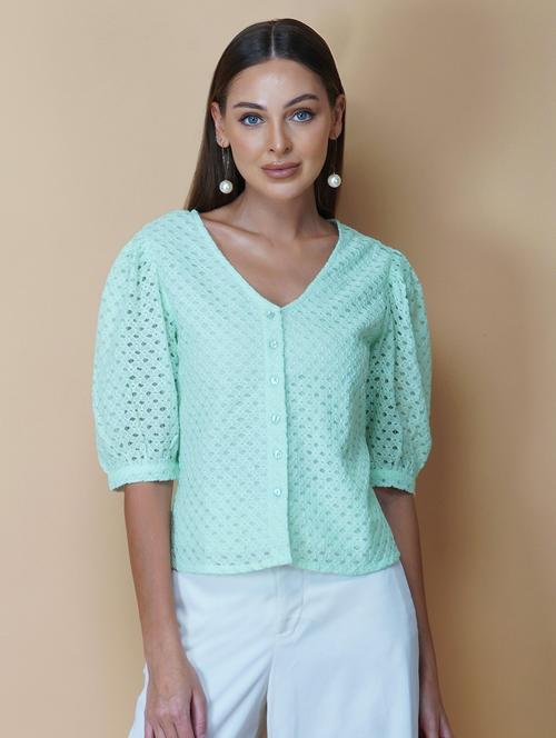 women solid puff sleeve laced regular top - 22036969 -  Standard Image - 0