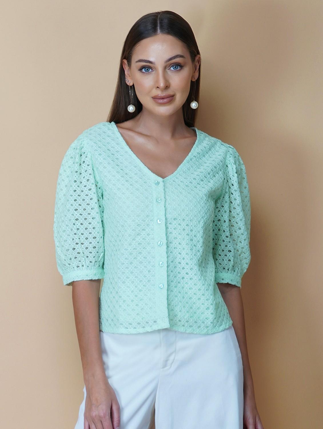 women solid puff sleeve laced regular top - 22036969 -  Zoom Image - 0
