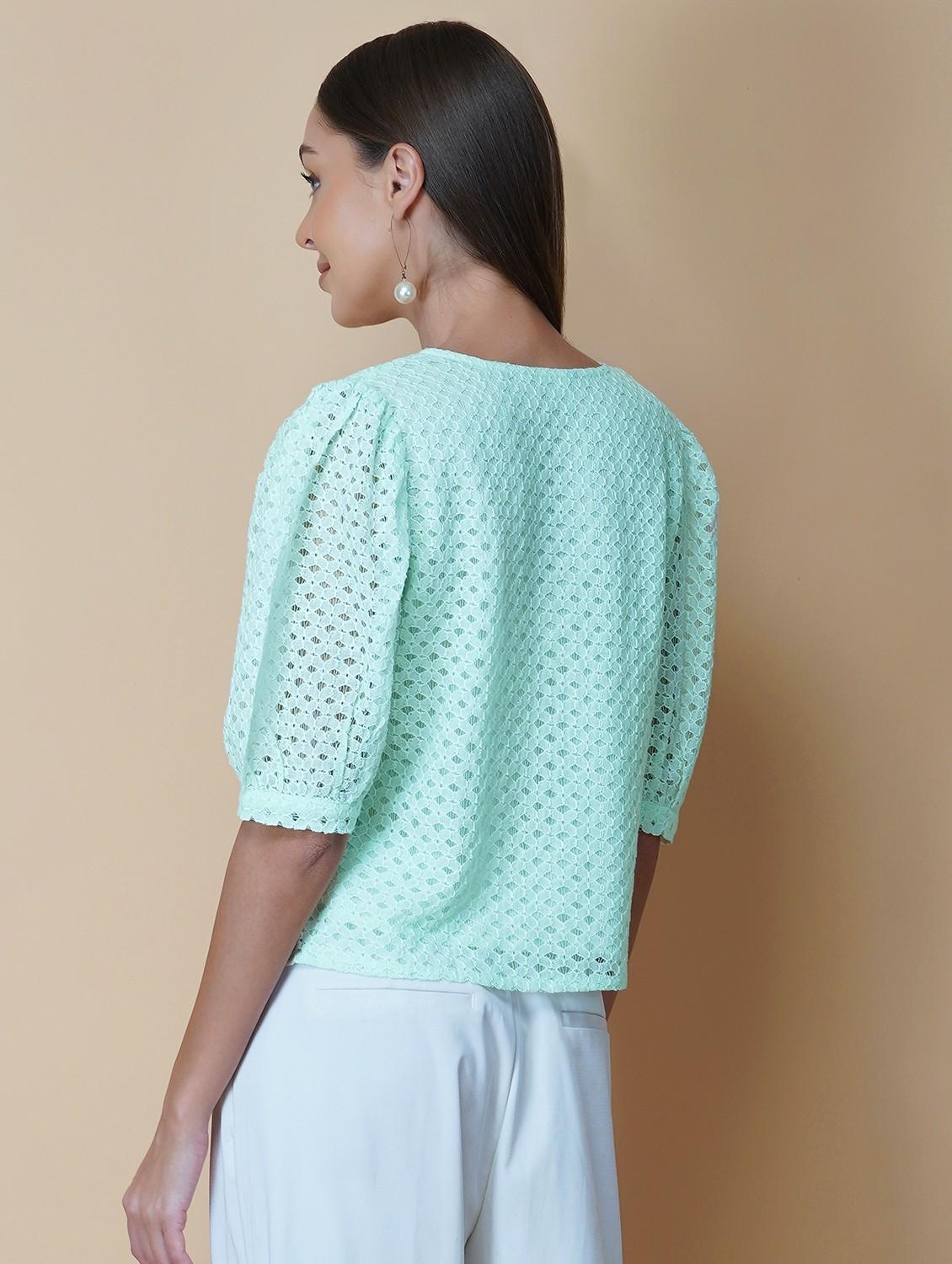 women solid puff sleeve laced regular top - 22036969 - Standard Image - 3