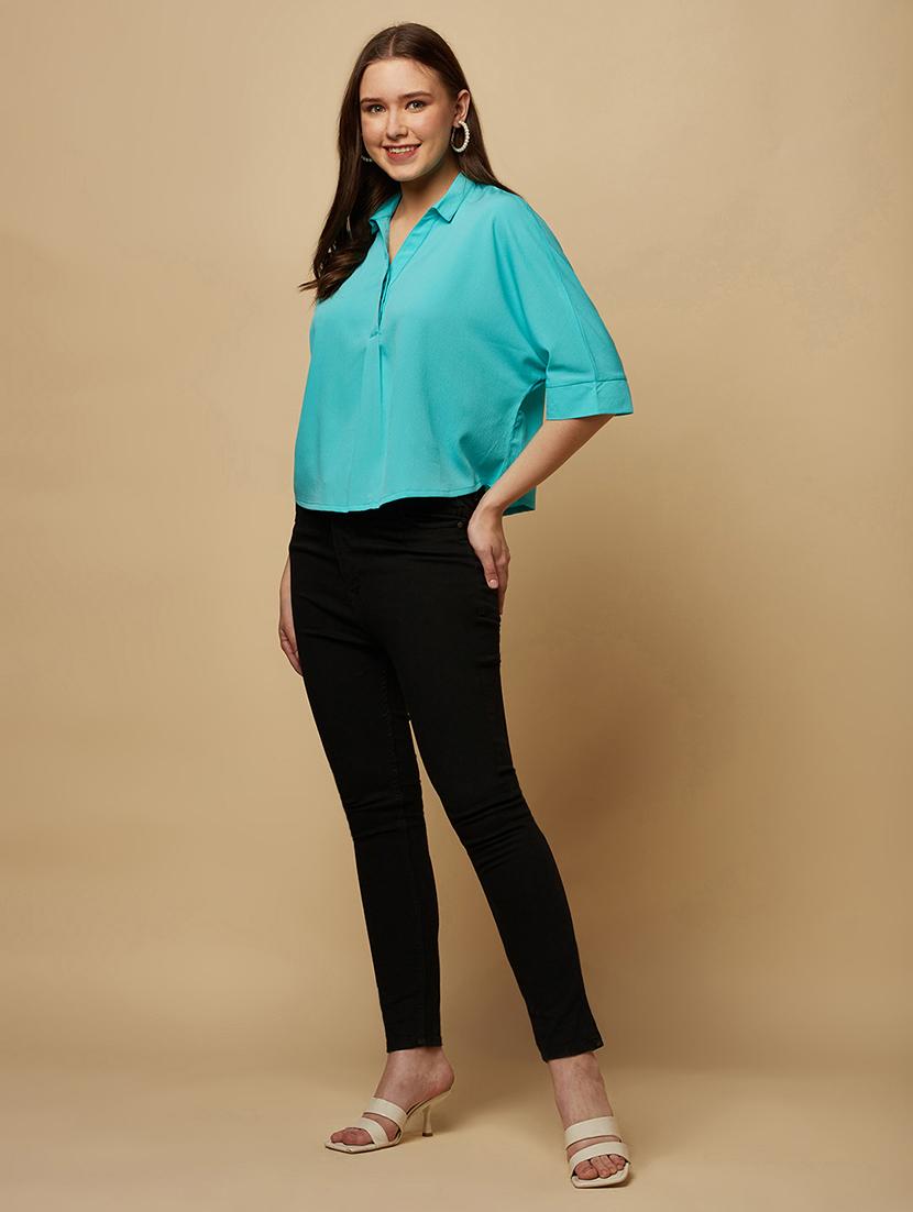 women solid collared bell sleeve shirt style top - 22036970 - Standard Image - 3