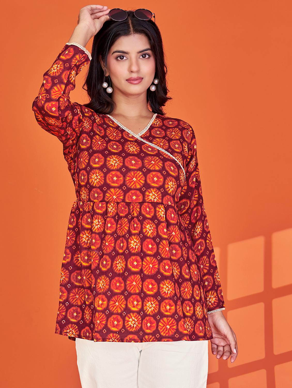 women printed long sleeve angrakha kurti - 22036973 -  Zoom Image - 0