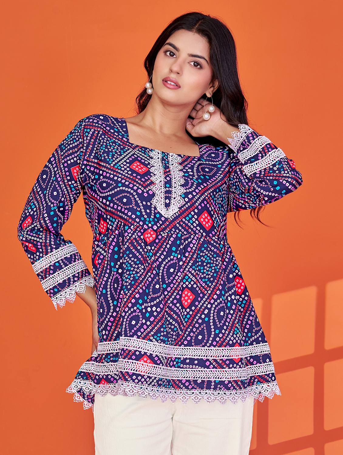 women printed long sleeve flared kurti