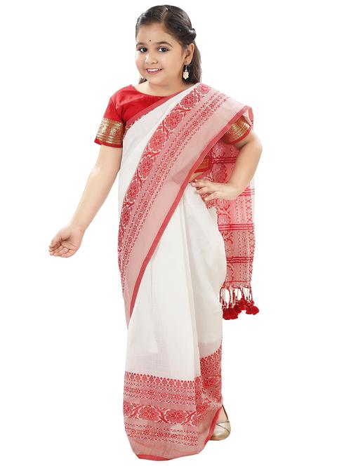 girls white printed bordered saree - 22036991 -  Standard Image - 0