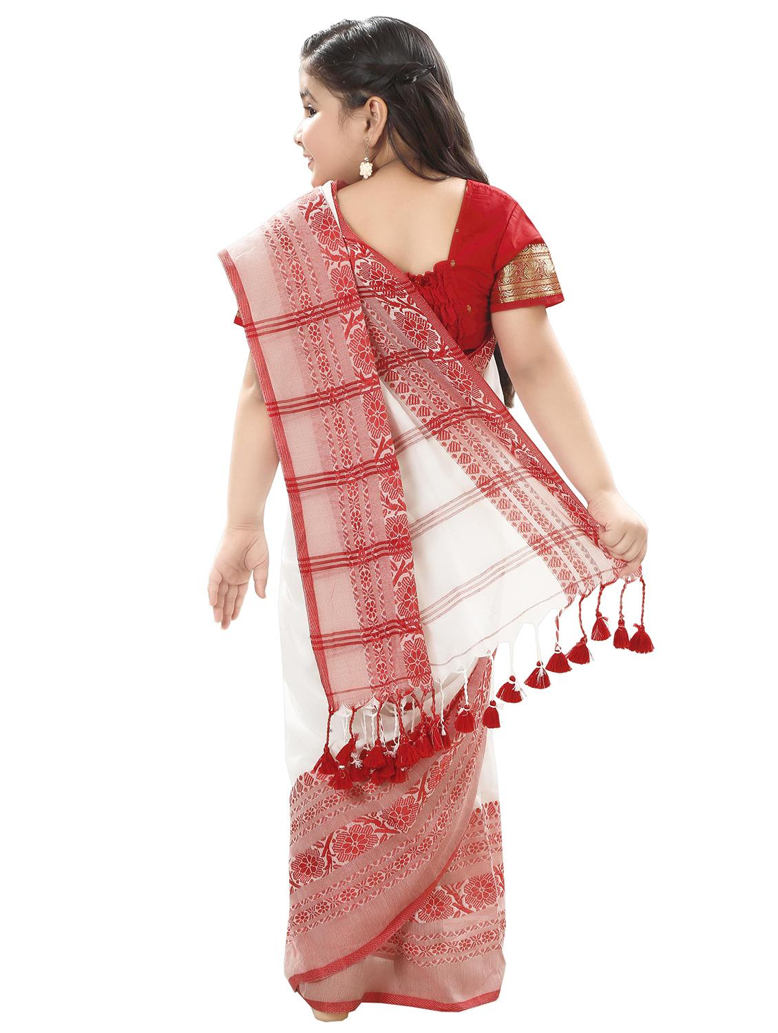 girls white printed bordered saree - 22036991 - Standard Image - 3