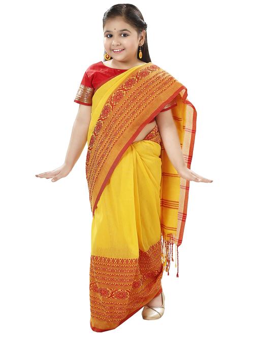 girls yellow printed bordered saree - 22036992 -  Standard Image - 0