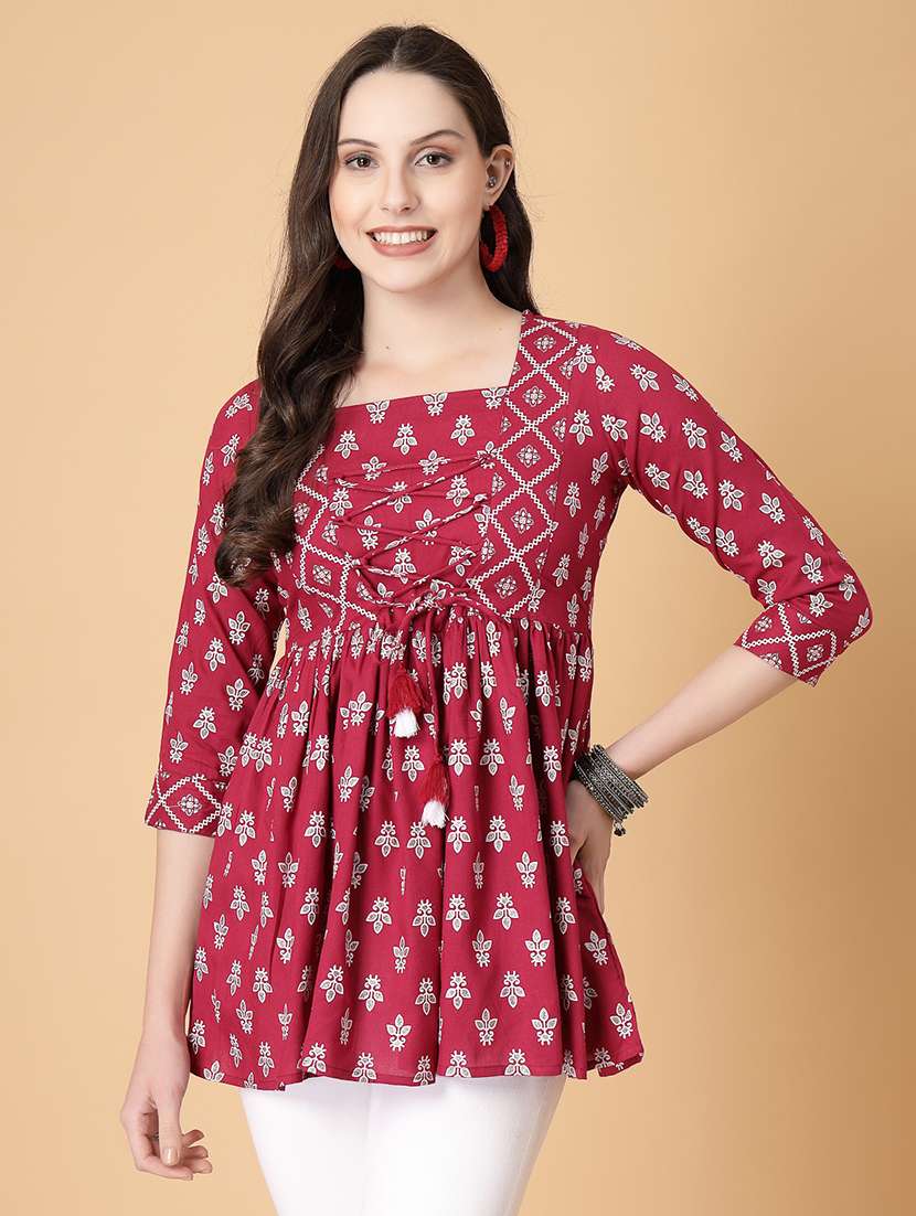women printed three quarter sleeve flared kurti