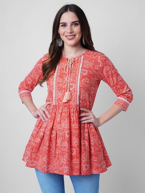 women printed three quarter sleeve flared kurti - 22036997 -  Standard Image - 0