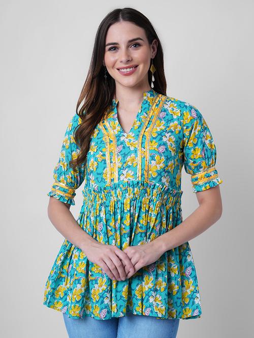 women floral print puff sleeve flared kurti - 22036998 - Standard Image - 0