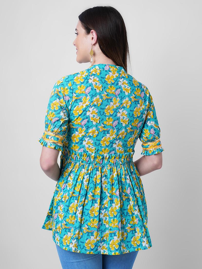 women floral print puff sleeve flared kurti - 22036998 - Standard Image - 3