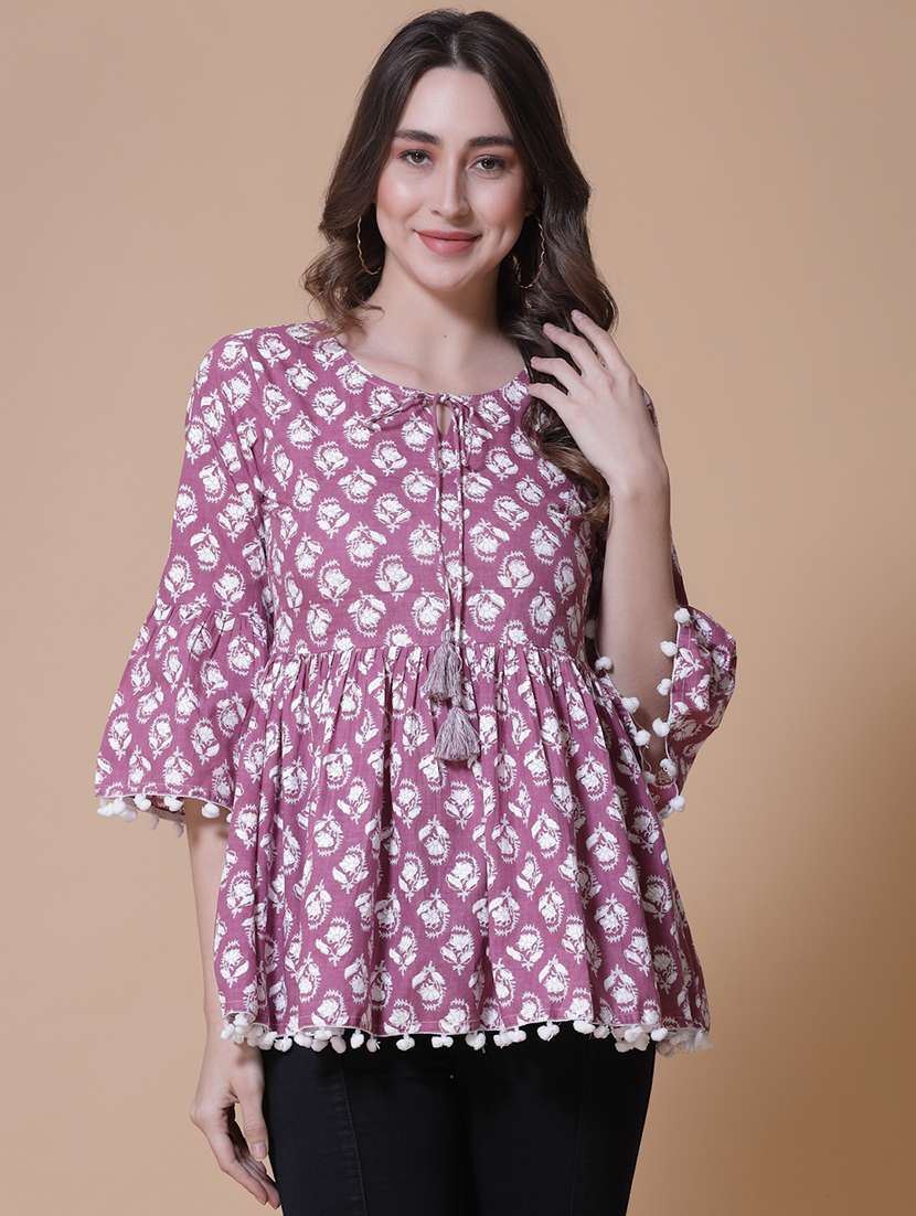 women printed three quarter sleeve flared kurti
