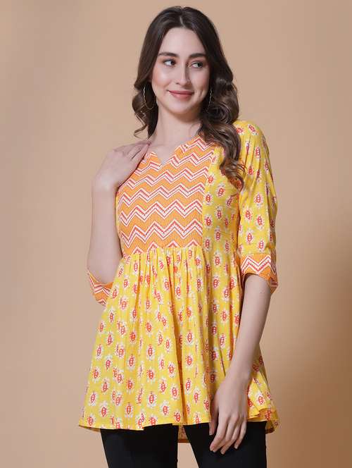 women printed three quarter sleeve flared kurti - 22037002 - Standard Image - 0