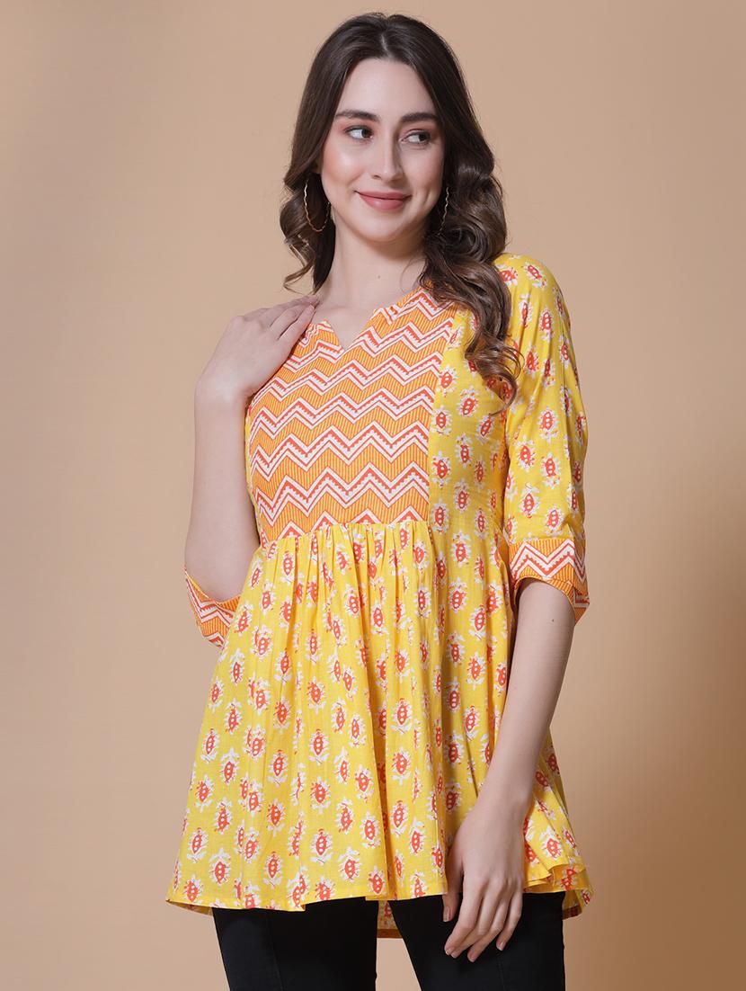 women printed three quarter sleeve flared kurti
