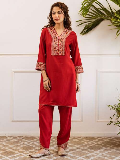 women embroidered bell sleeve ethnic co-ord set - 22037026 - Standard Image - 0
