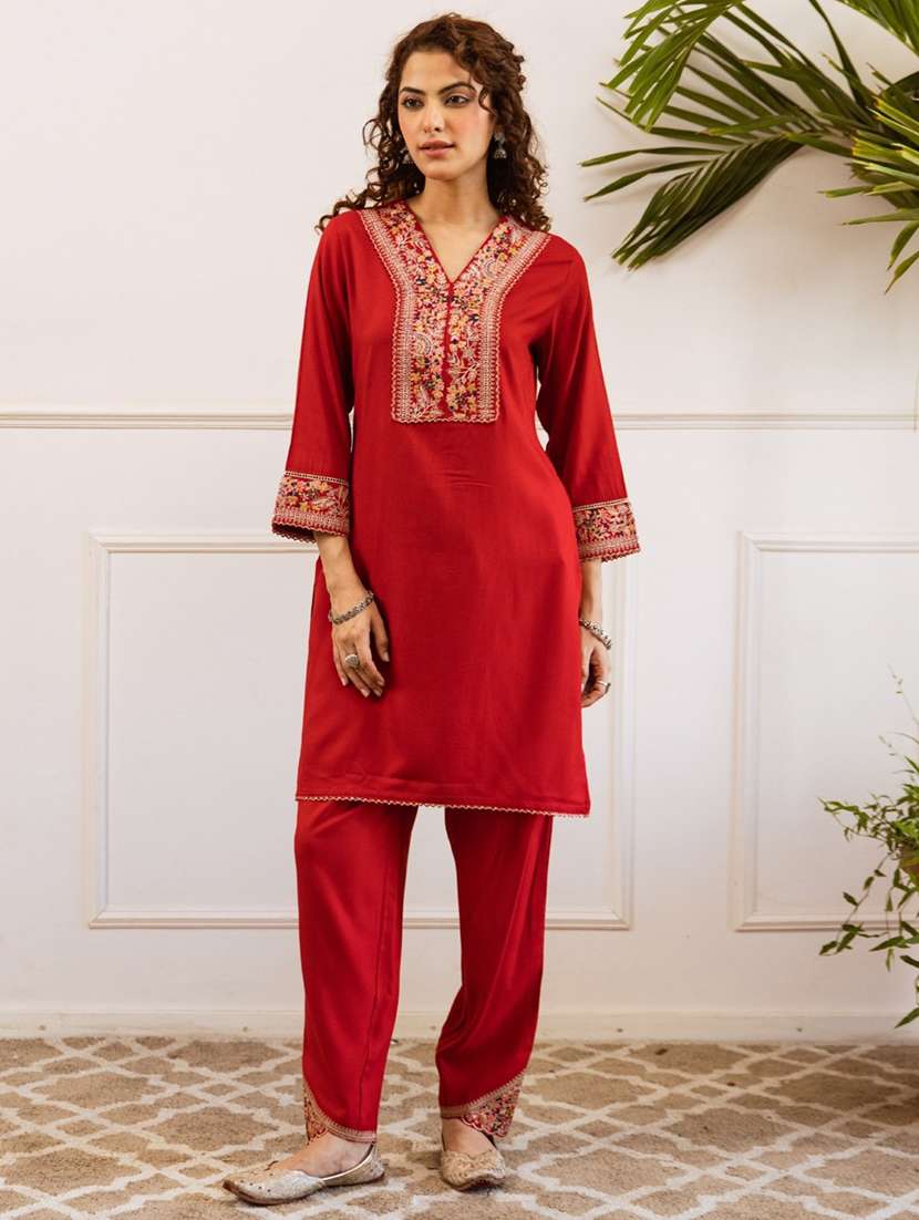 women embroidered bell sleeve ethnic co-ord set - 22037026 - Zoom Image - 0
