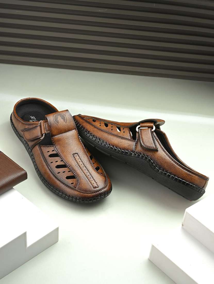 men solid brown slip on sandal
