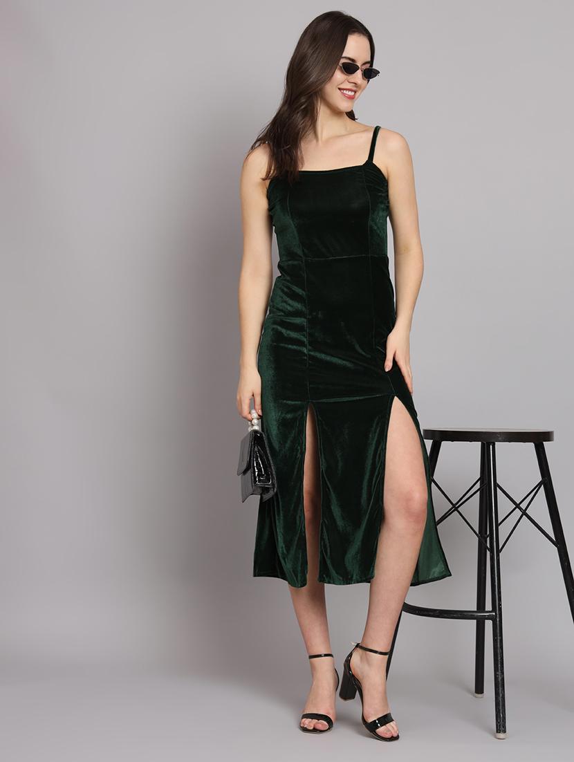 women solid shoulder strap velvet sheath dress - 22037049 - Zoom Image - 0