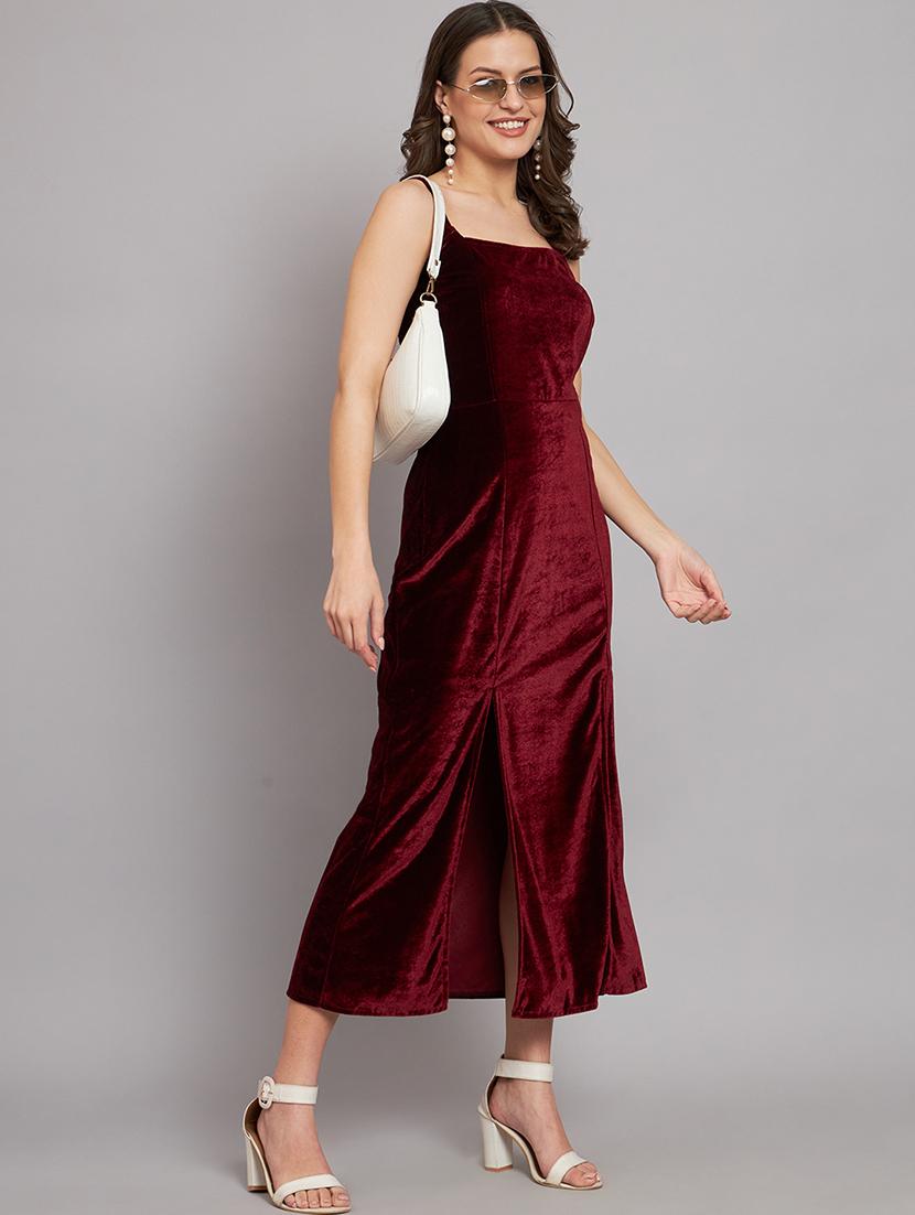 women solid shoulder strap velvet sheath dress - 22037050 -  Zoom Image - 0