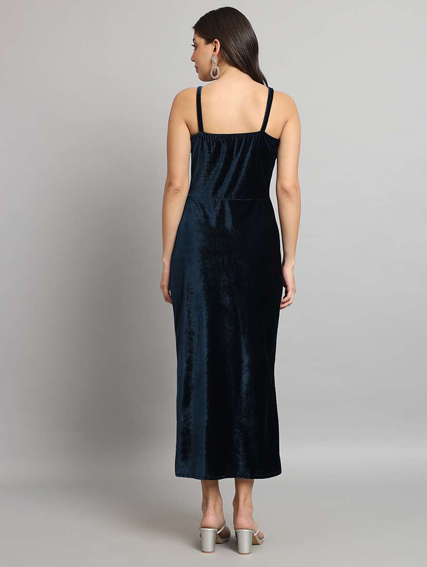 women solid shoulder strap velvet sheath dress - 22037051 - Standard Image - 3